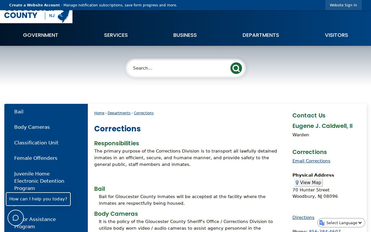 Gloucester County arrest records and Corrections responsibilities
