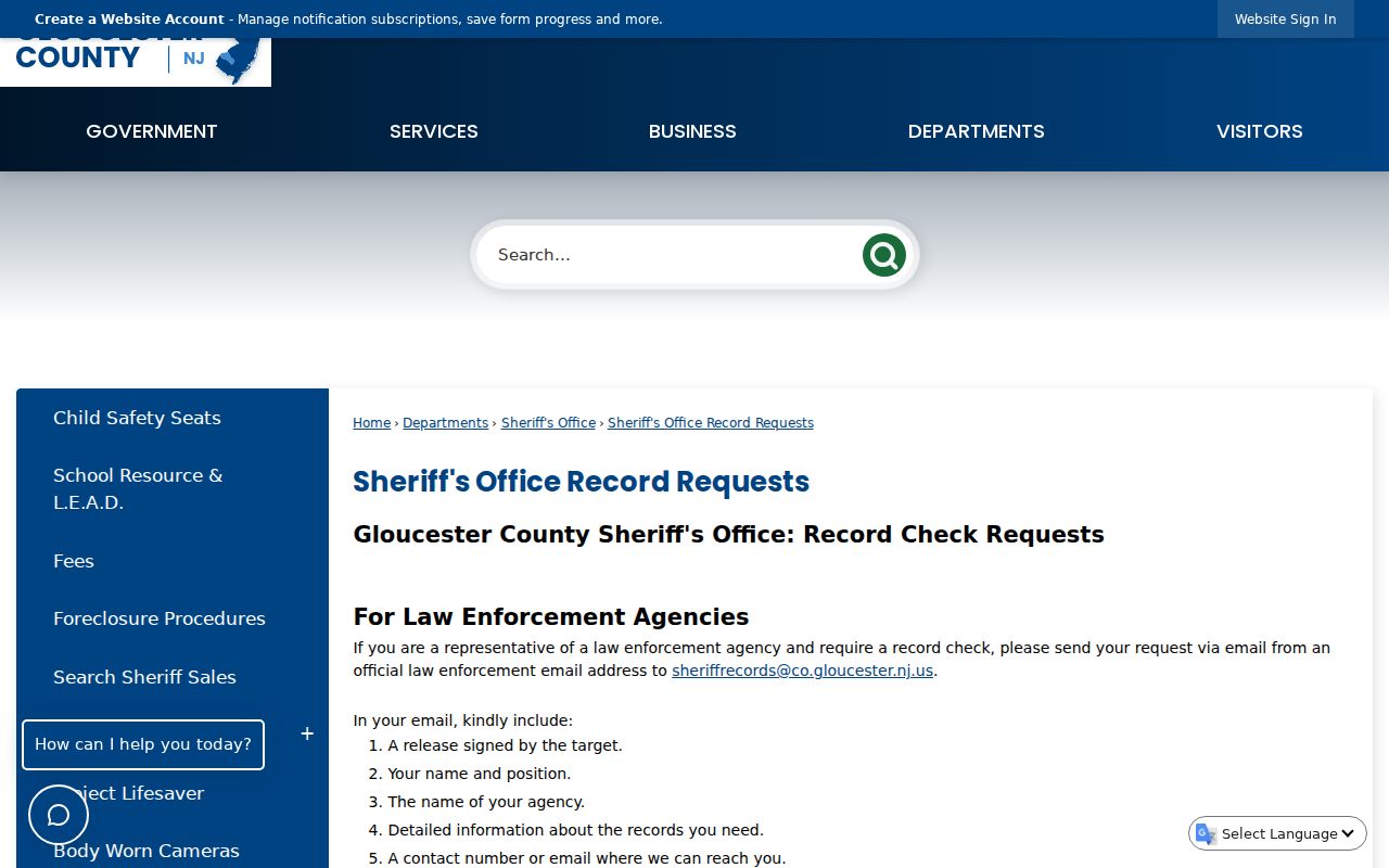 Gloucester County arrest records Sheriff request instructions