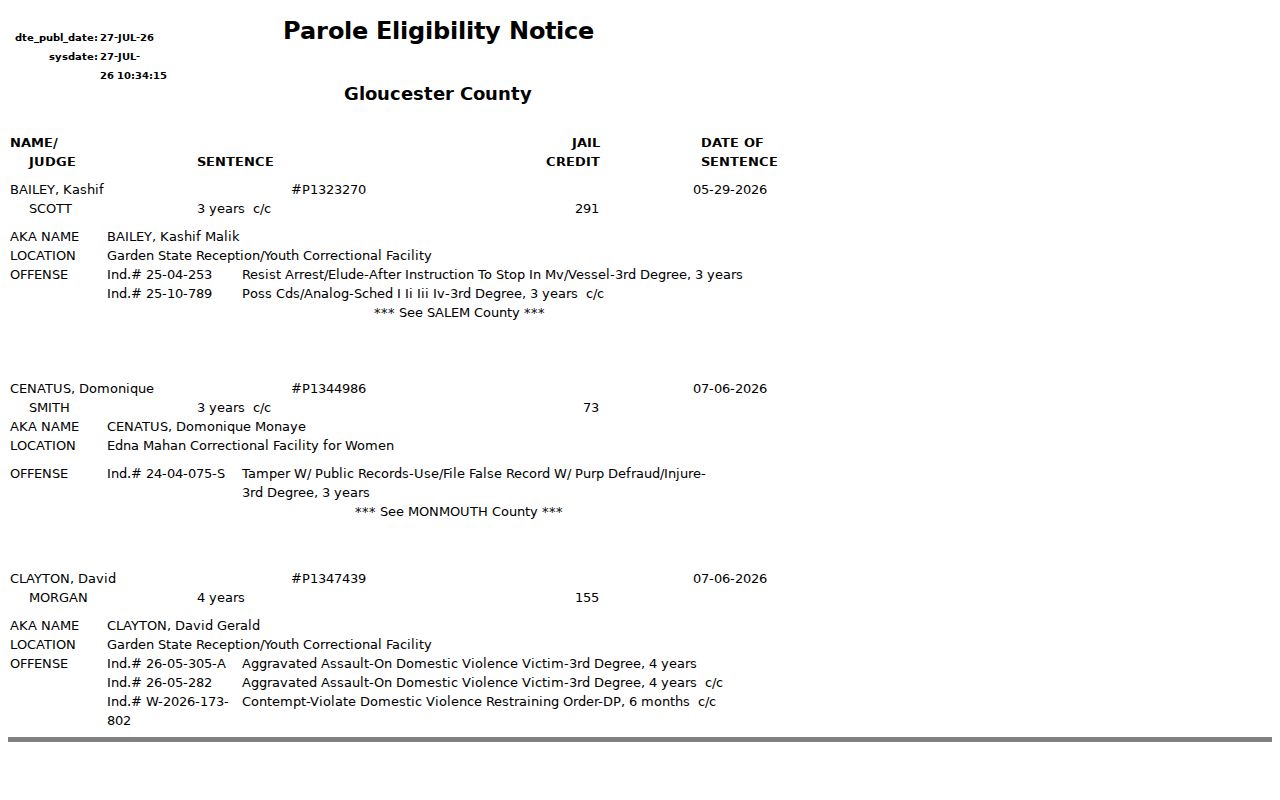 Gloucester County criminal supervision record notice